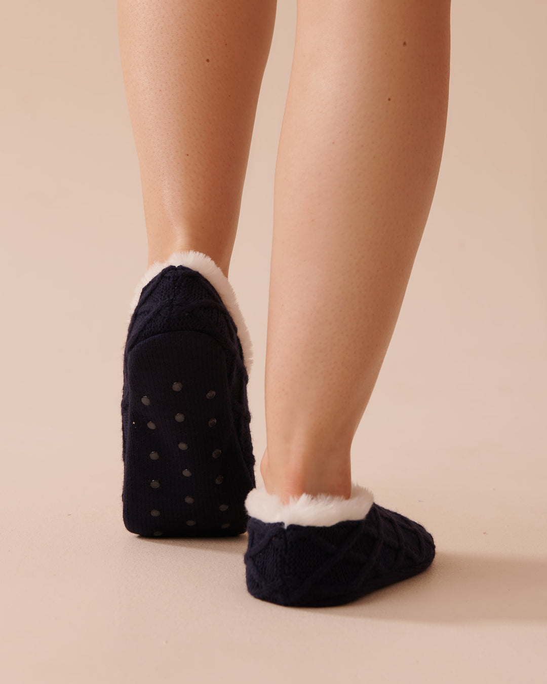 Cable-Knit and Faux Fur Slipper Socks - Lozenge Evening Blue
