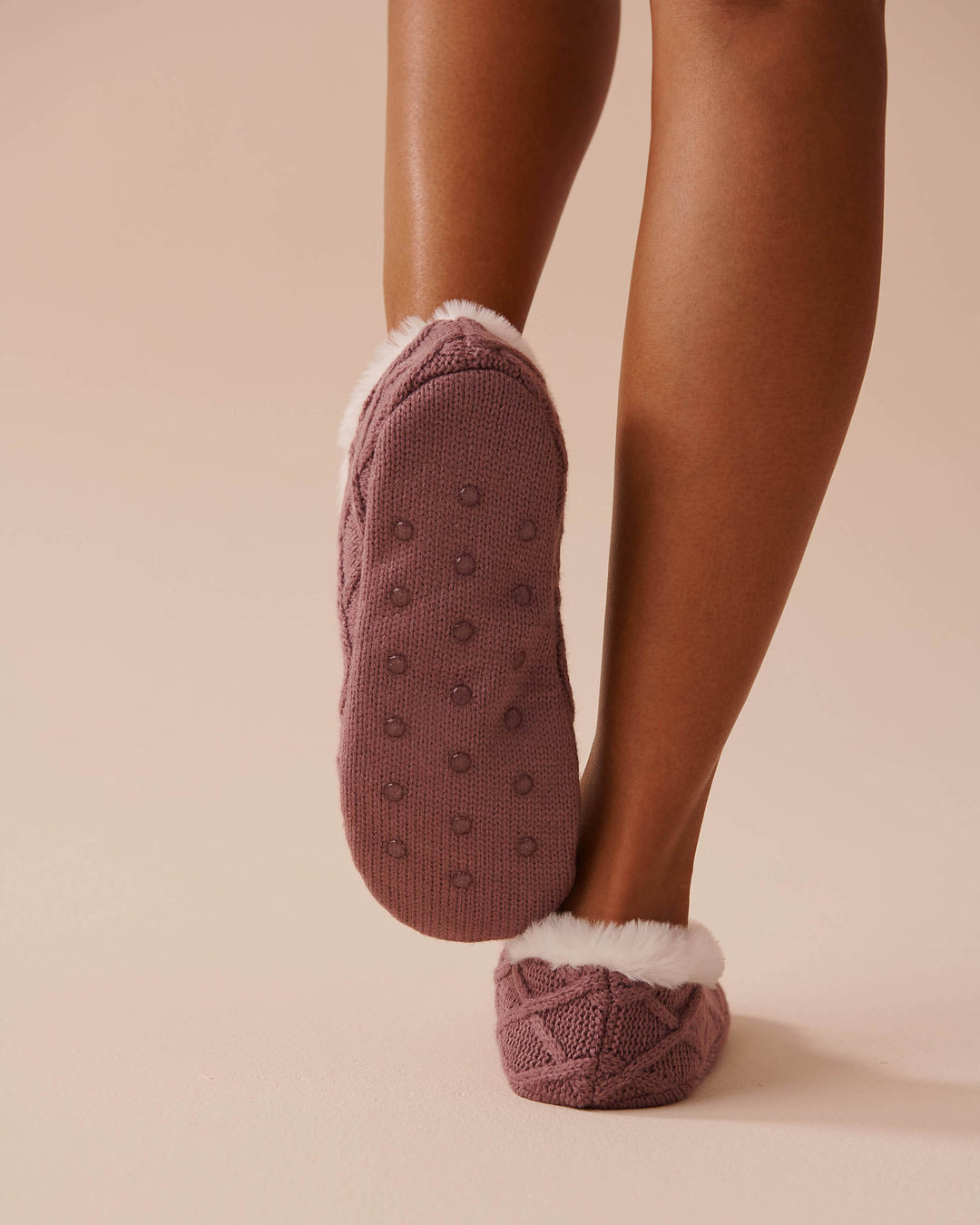 Cable-Knit and Faux Fur Slipper Socks - Lozenge Evening Blue
