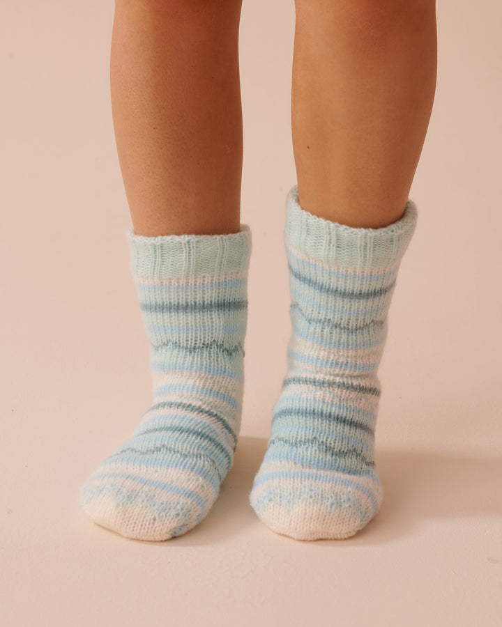 Striped Knit and Sherpa Socks - Frosty Blue Stripe
