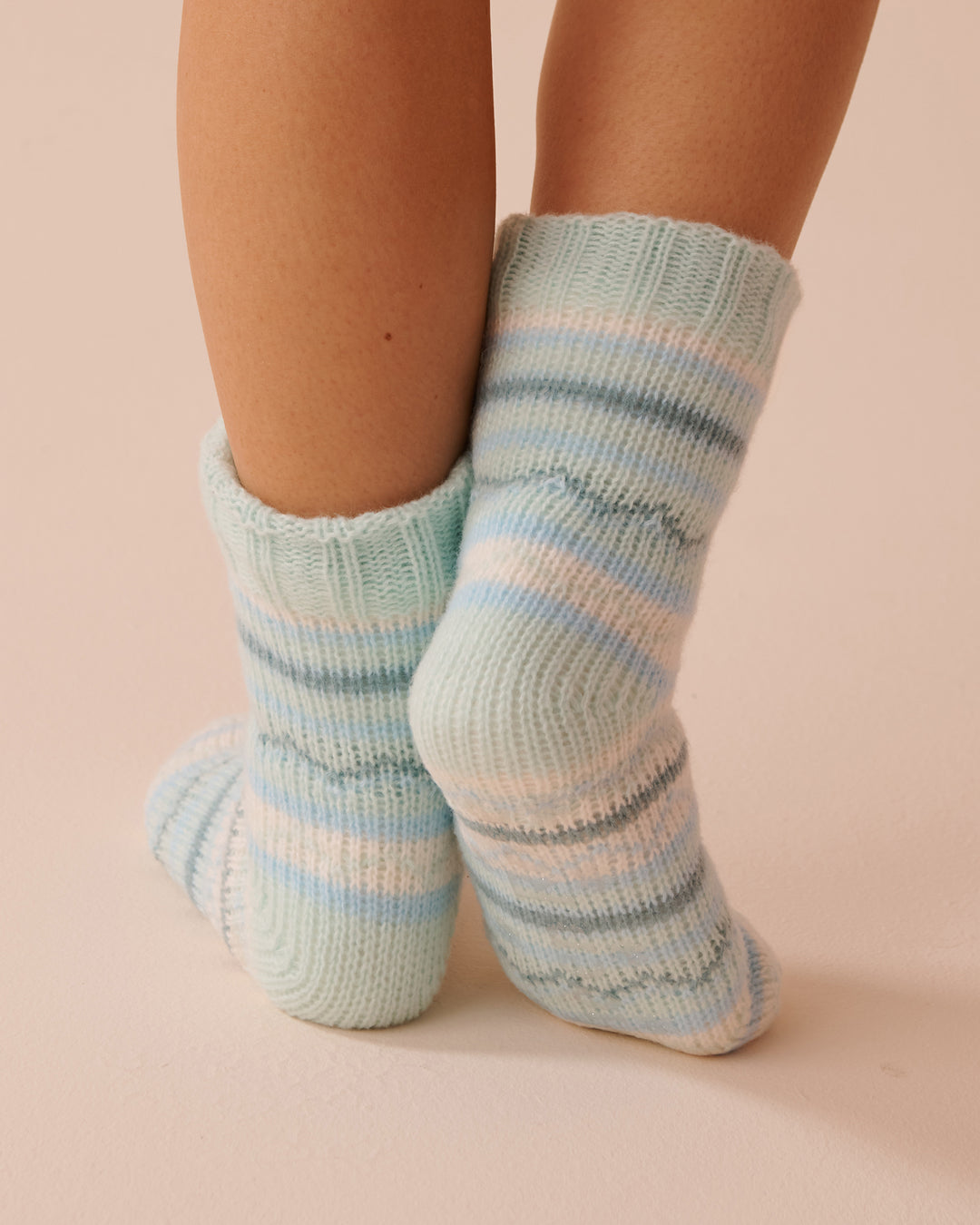 Striped Knit and Sherpa Socks - Aquifer Stripe