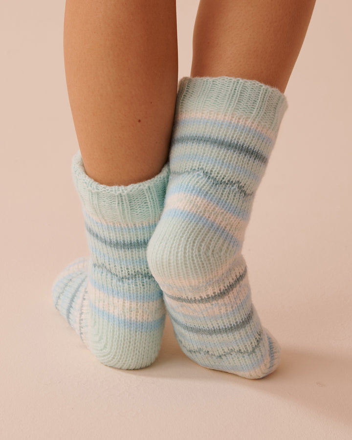 Striped Knit and Sherpa Socks - Aquifer Stripe