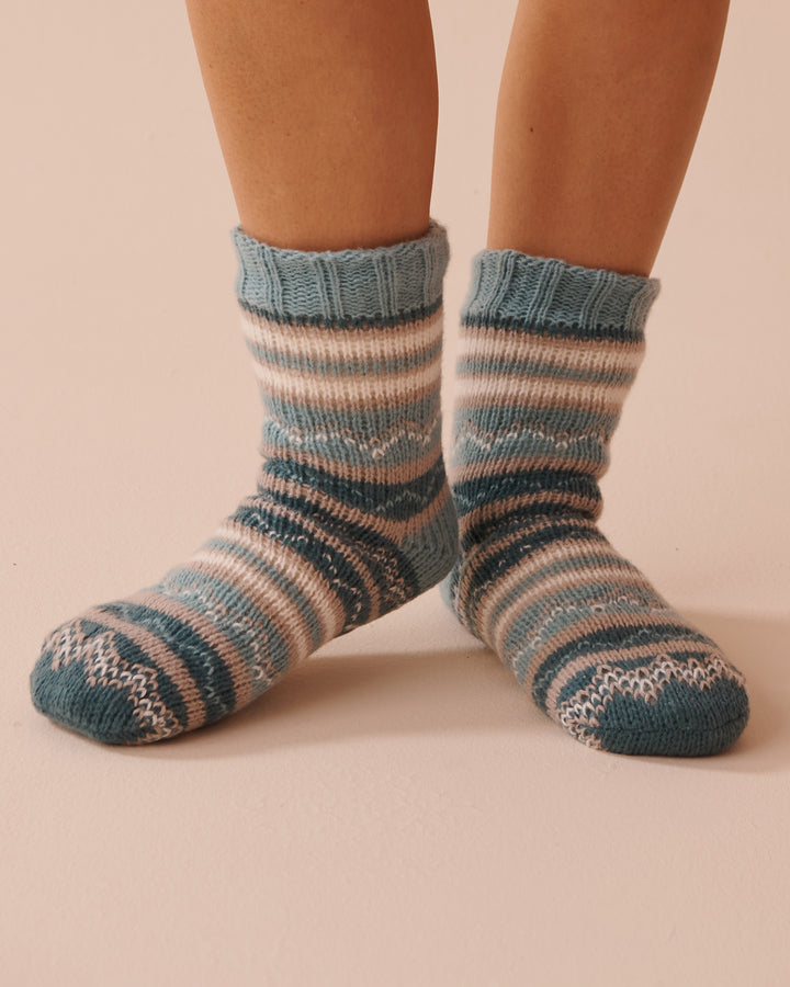 Striped Knit and Sherpa Socks - Aquifer Stripe