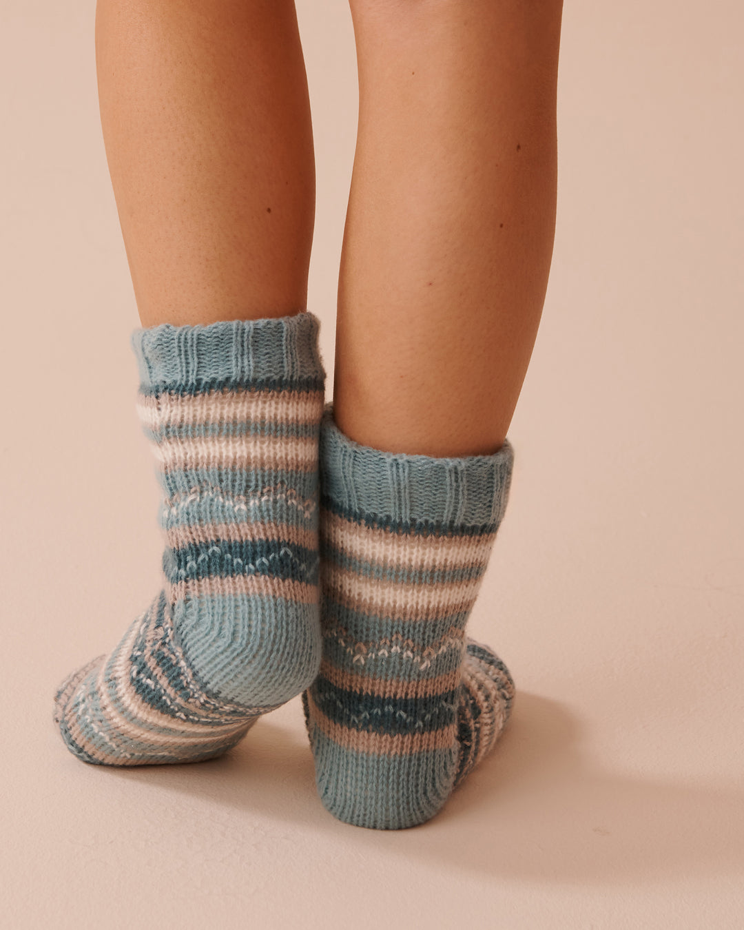 Striped Knit and Sherpa Socks - Aquifer Stripe