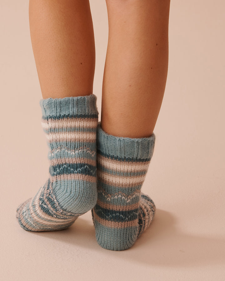 Striped Knit and Sherpa Socks - Aquifer Stripe