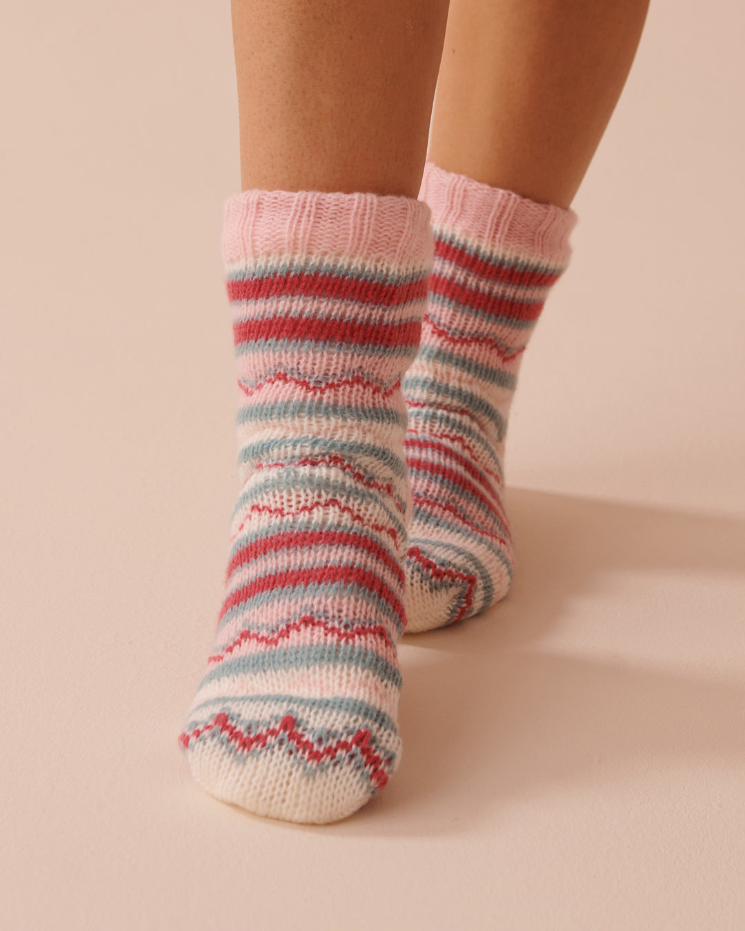 Striped Knit and Sherpa Socks - Aquifer Stripe
