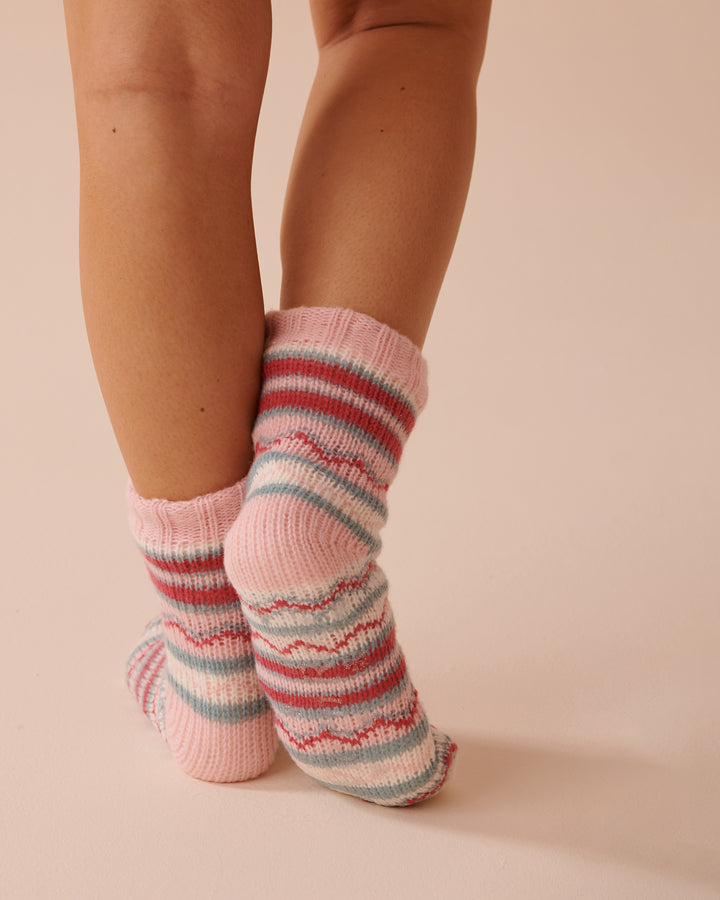 Striped Knit and Sherpa Socks - Aquifer Stripe