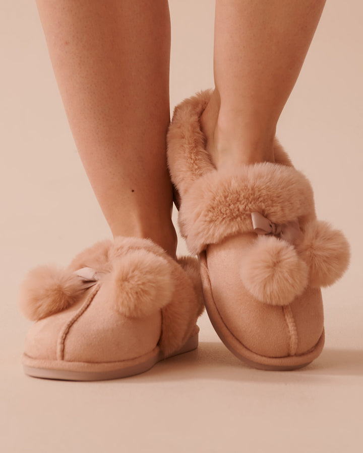 Bow &amp; Pompom Suede Bootie Slippers - Rugby Tan