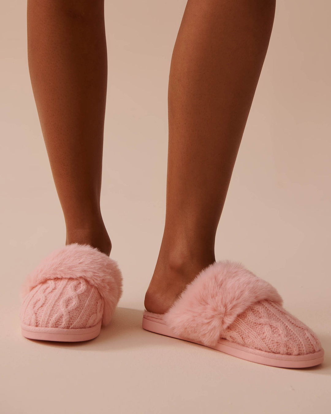 Cable Knit and Faux Fur Slippers - Evening Blue