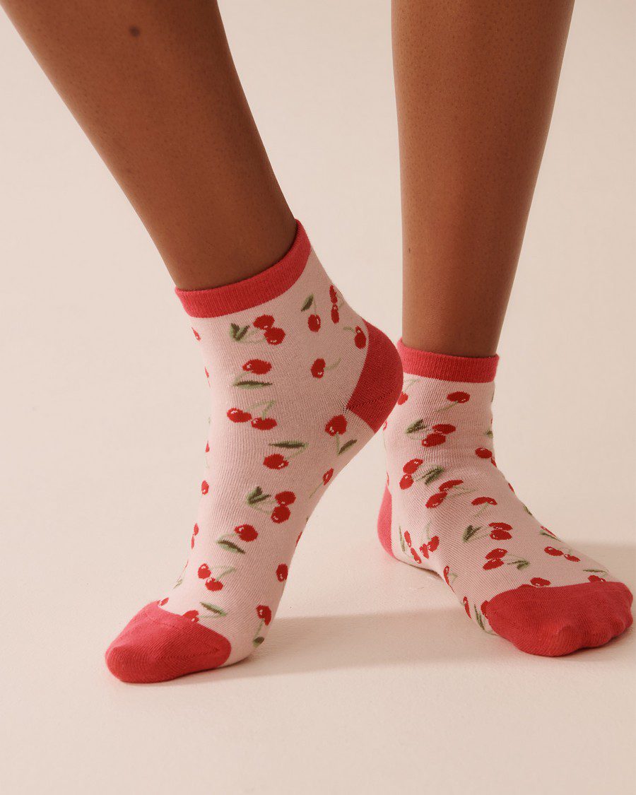 Finely Ribbed Striped Socks - Peachskin Cherry