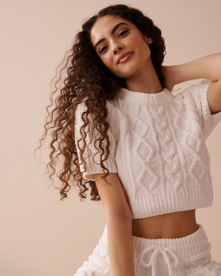 Cable-Knit Chenille Crop T-shirt - Chalk Pink