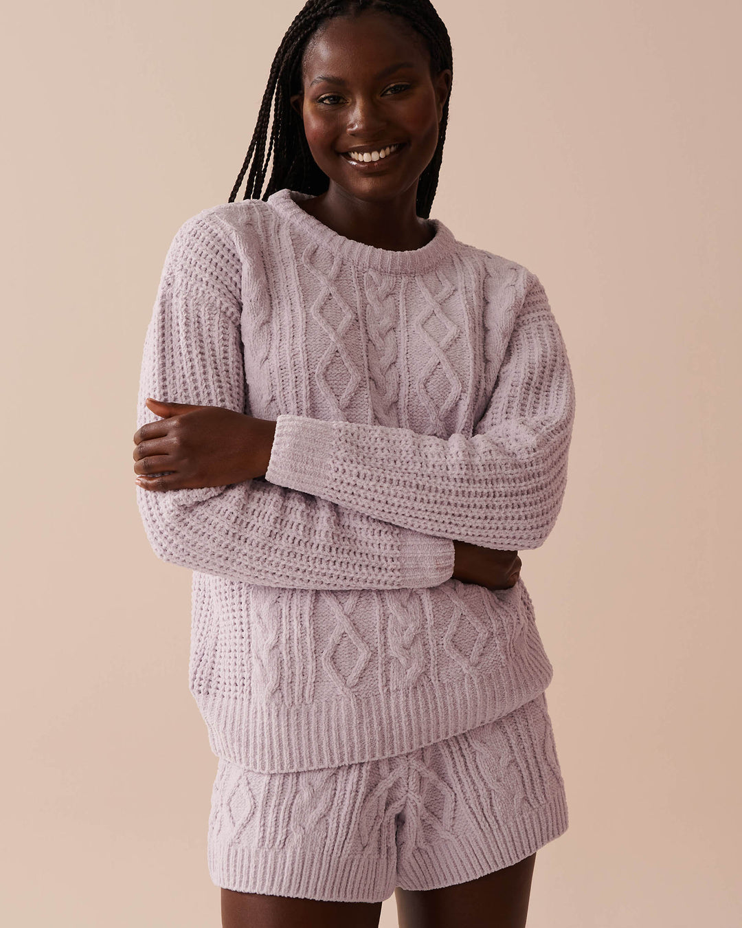 Cable-Knit Chenille Long Sleeve Shirt - Chalk Pink