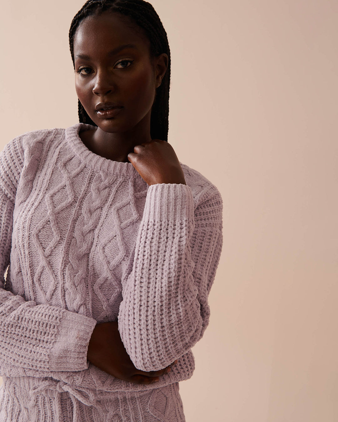 Cable-Knit Chenille Long Sleeve Shirt - Snow White