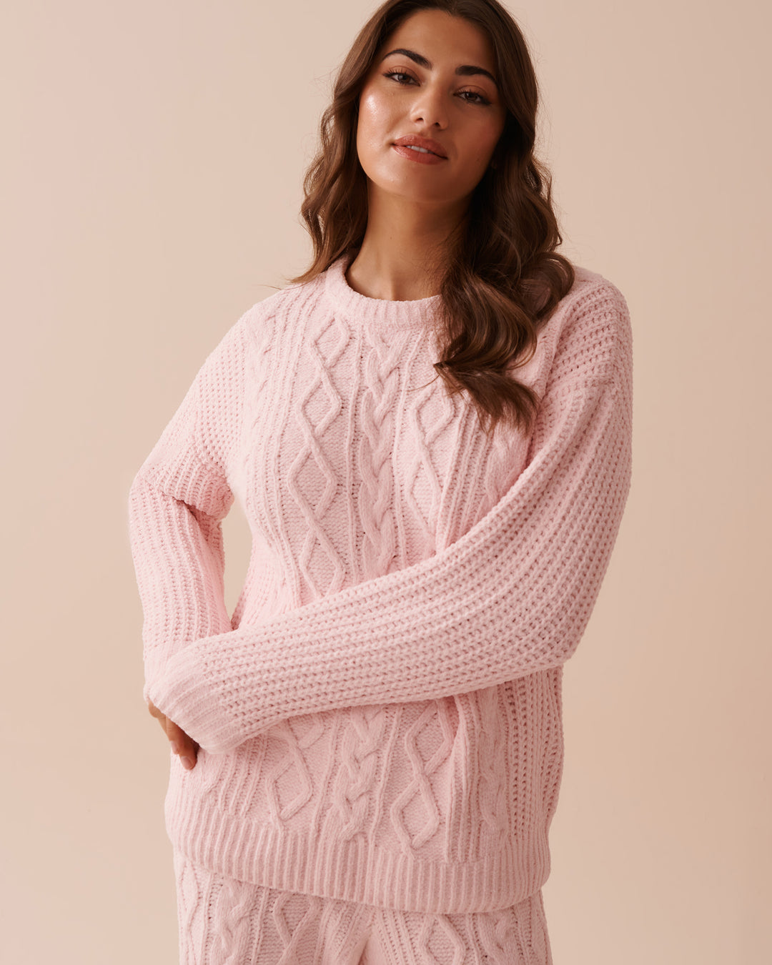 Cable-Knit Chenille Long Sleeve Shirt - Chalk Pink