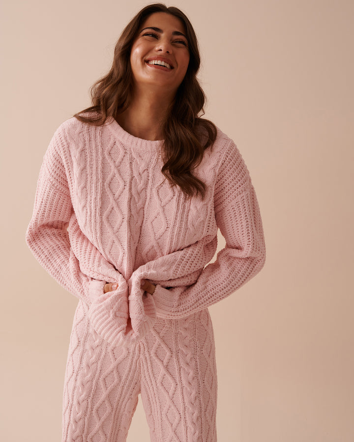 Cable-Knit Chenille Long Sleeve Shirt - Chalk Pink