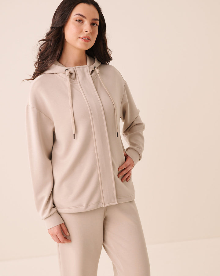 Beige Covered-Zip Hooded Top