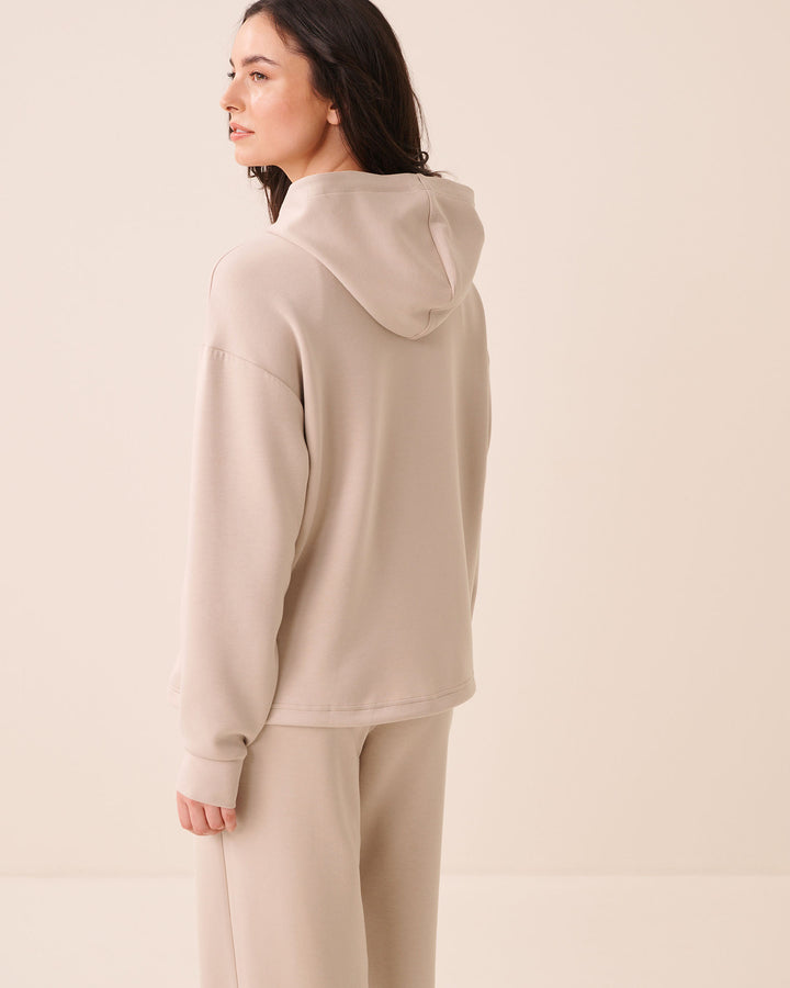 Beige Covered-Zip Hooded Top