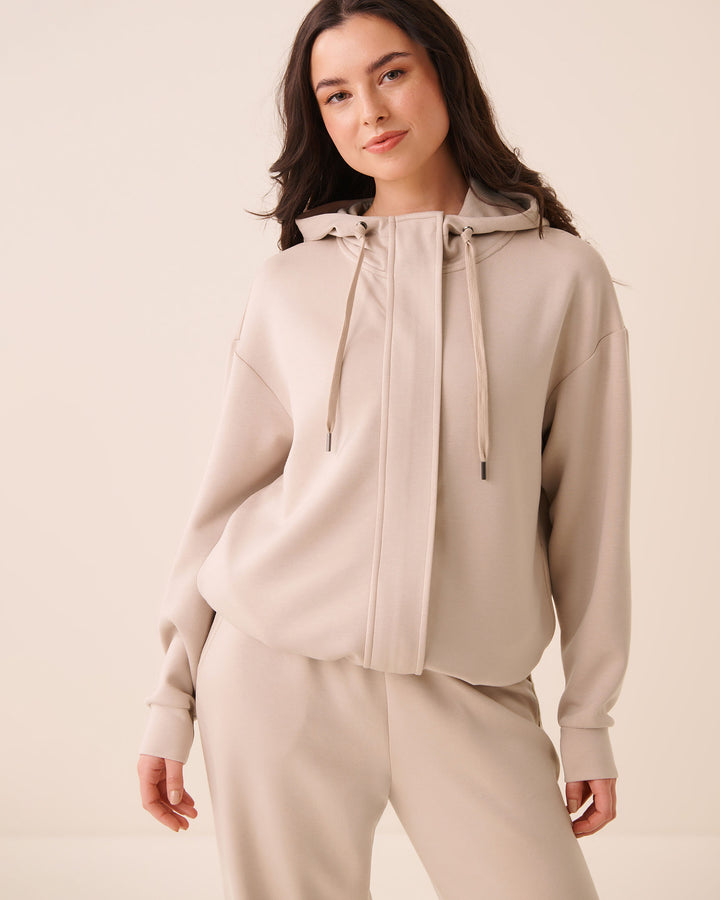 Beige Covered-Zip Hooded Top