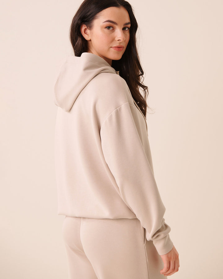 Beige Covered-Zip Hooded Top