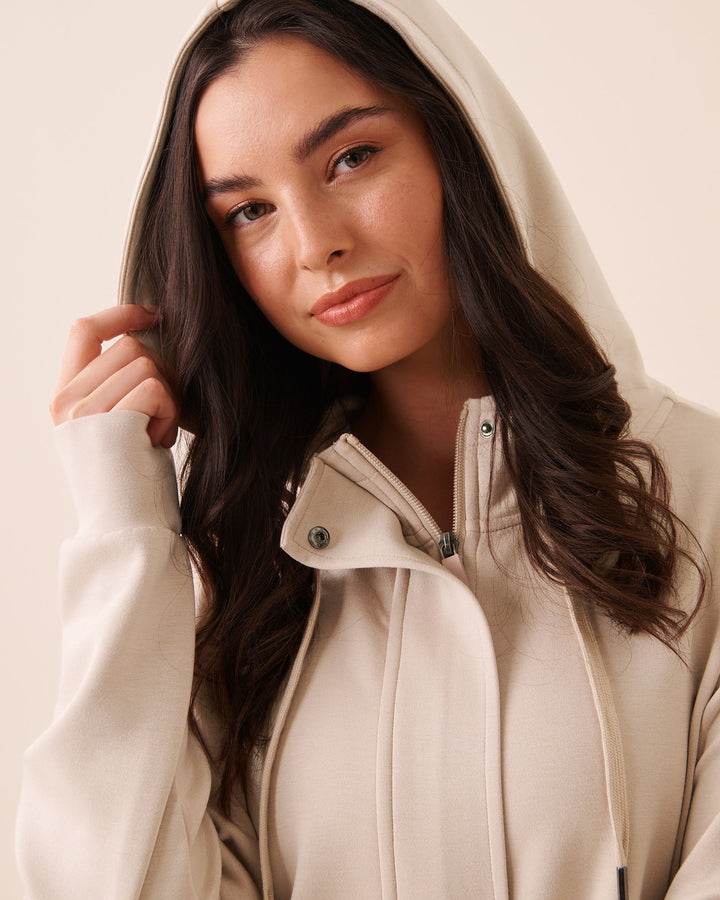 Beige Covered-Zip Hooded Top