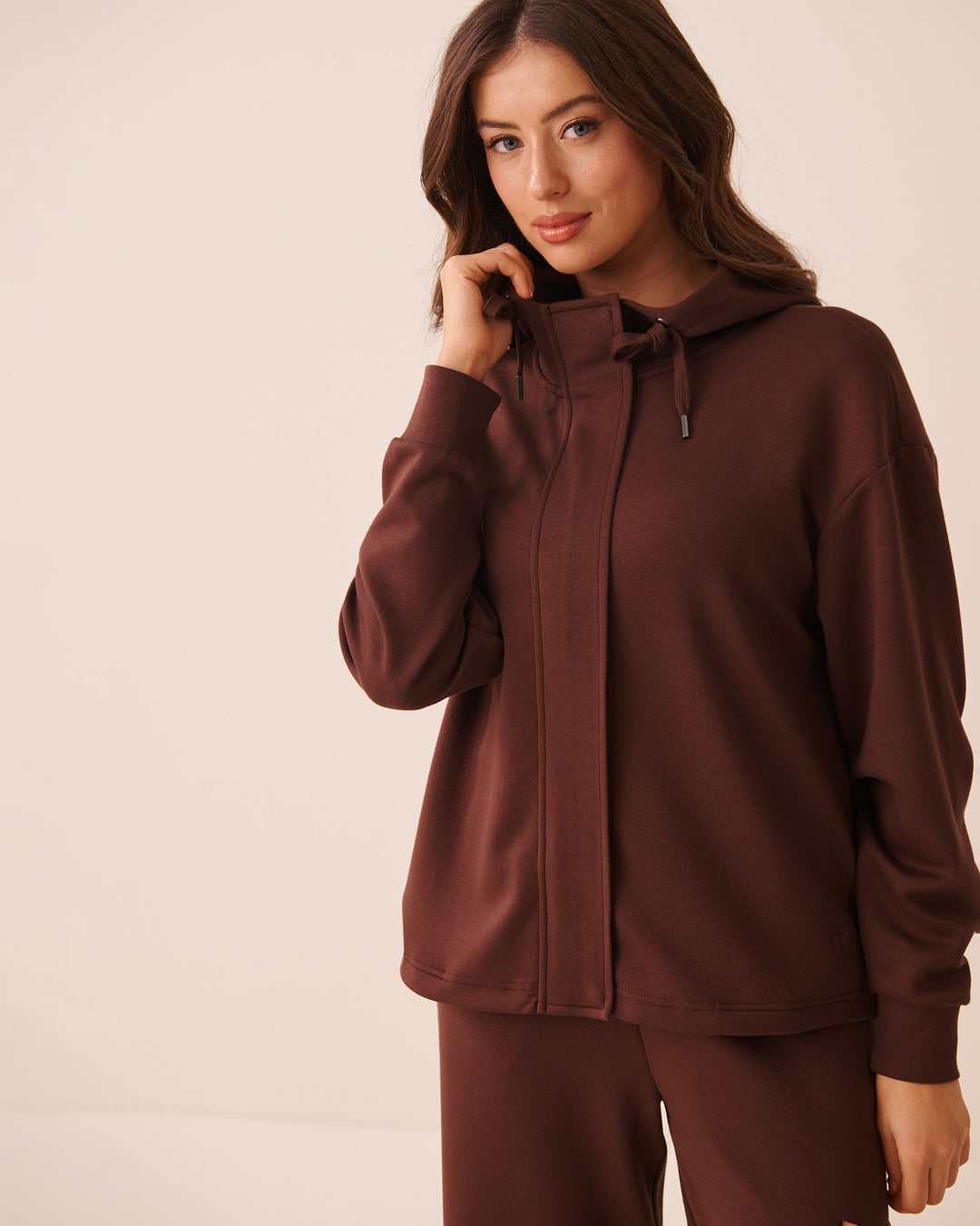 Beige Covered-Zip Hooded Top