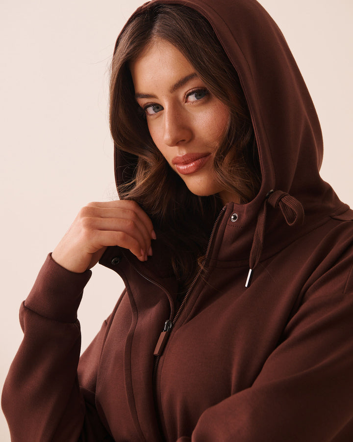 Beige Covered-Zip Hooded Top