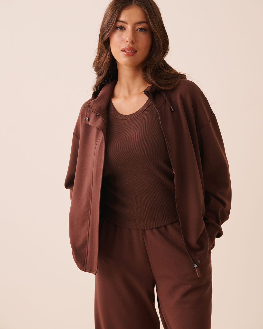 Beige Covered-Zip Hooded Top