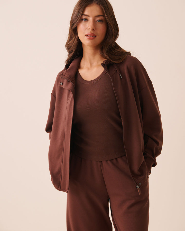 Beige Covered-Zip Hooded Top