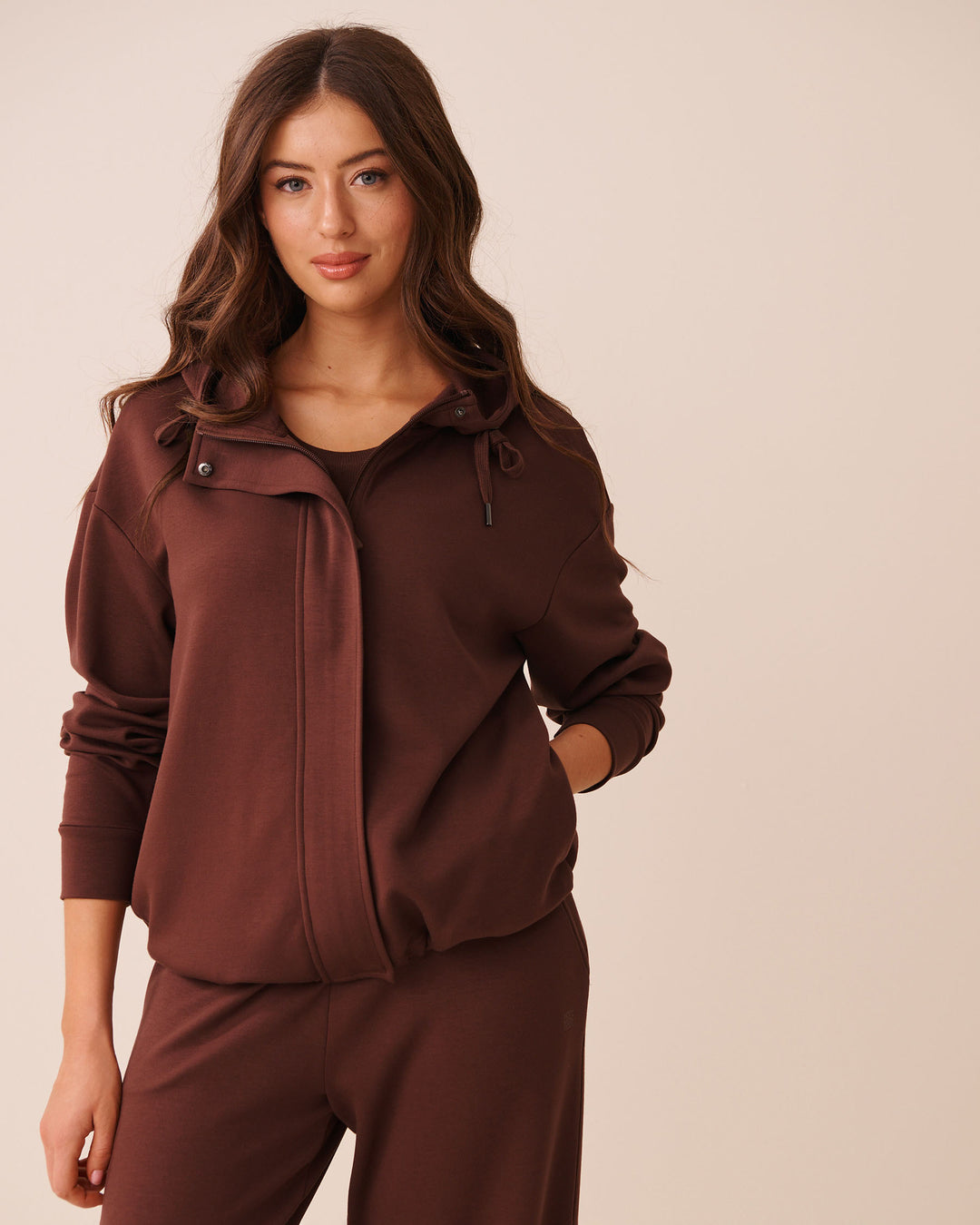 Beige Covered-Zip Hooded Top