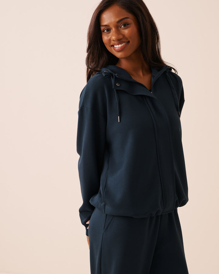 Beige Covered-Zip Hooded Top
