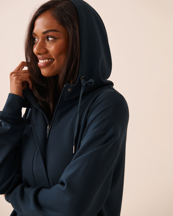 Beige Covered-Zip Hooded Top