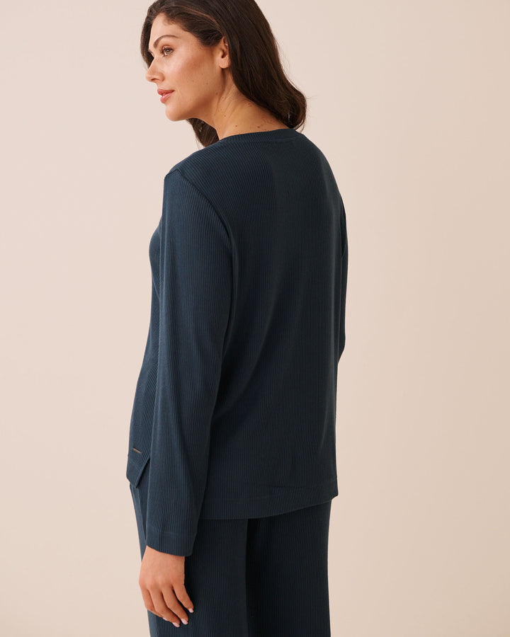 Ribbed Knit Long Sleeve Henley Shirt