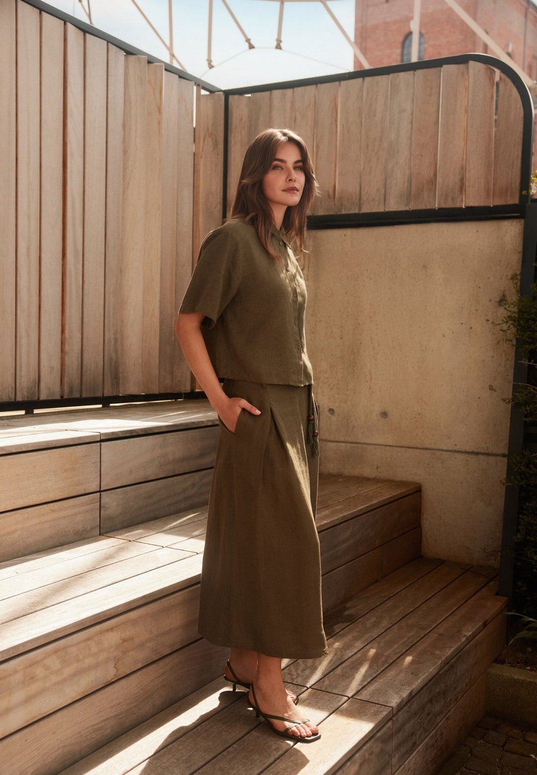 Tundra Olive Linen Skirt with Cord