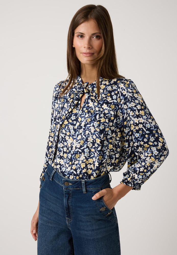 Pussy-Bow Blouse with Flower Print