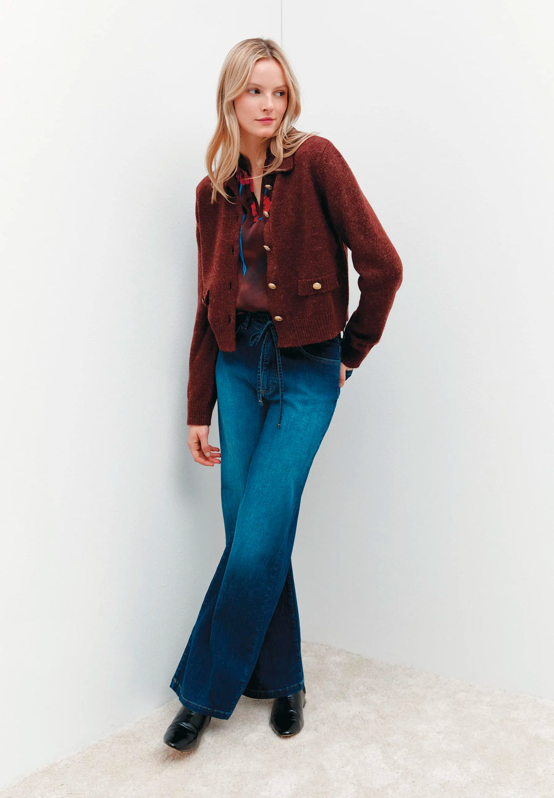 Cardigan with Decorative Buttons, Rust Brown