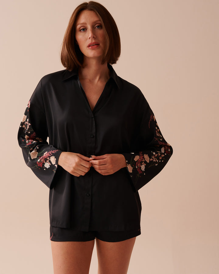 Black Bouquet Satin Long Sleeve Button-down Shirt - Black Bouquet Stripes