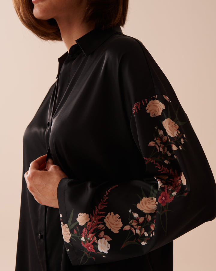 Black Bouquet Satin Long Sleeve Button-down Shirt - Black Bouquet Stripes