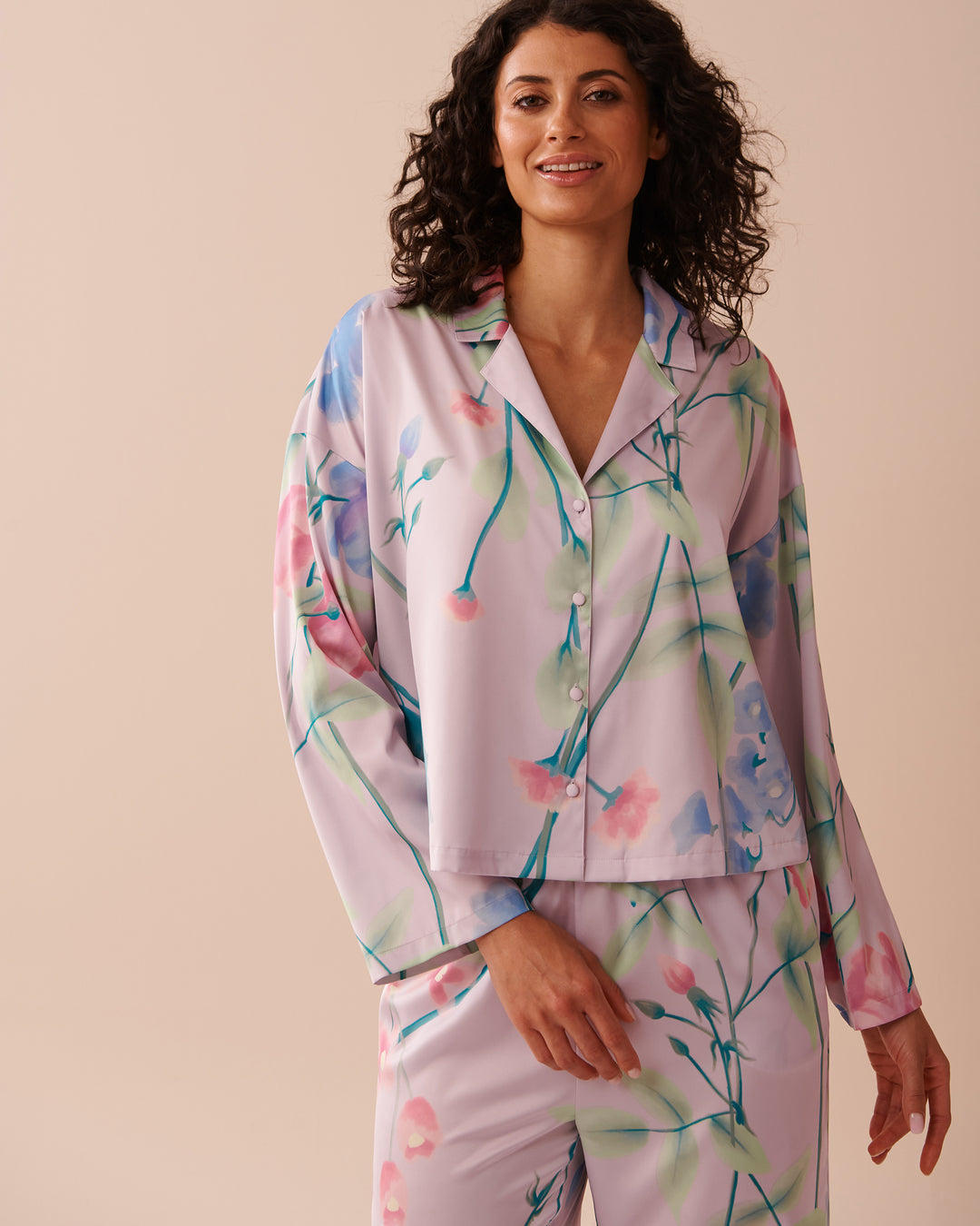 Lavender Garden Print Satin Button-down Shirt - Lavender Fog Flowers