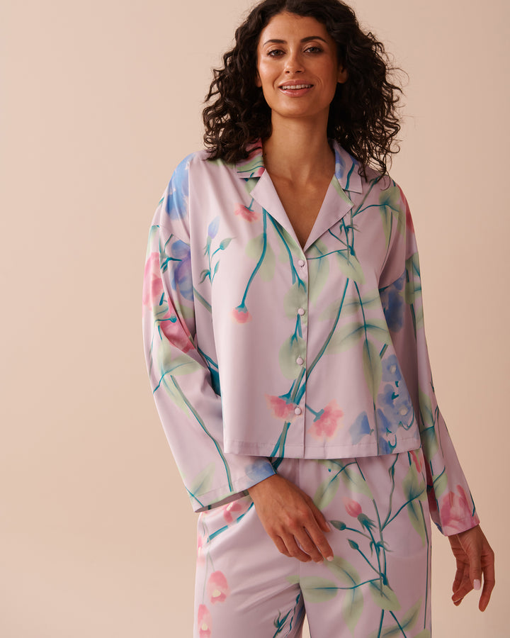 Lavender Garden Print Satin Button-down Shirt - Lavender Fog Flowers
