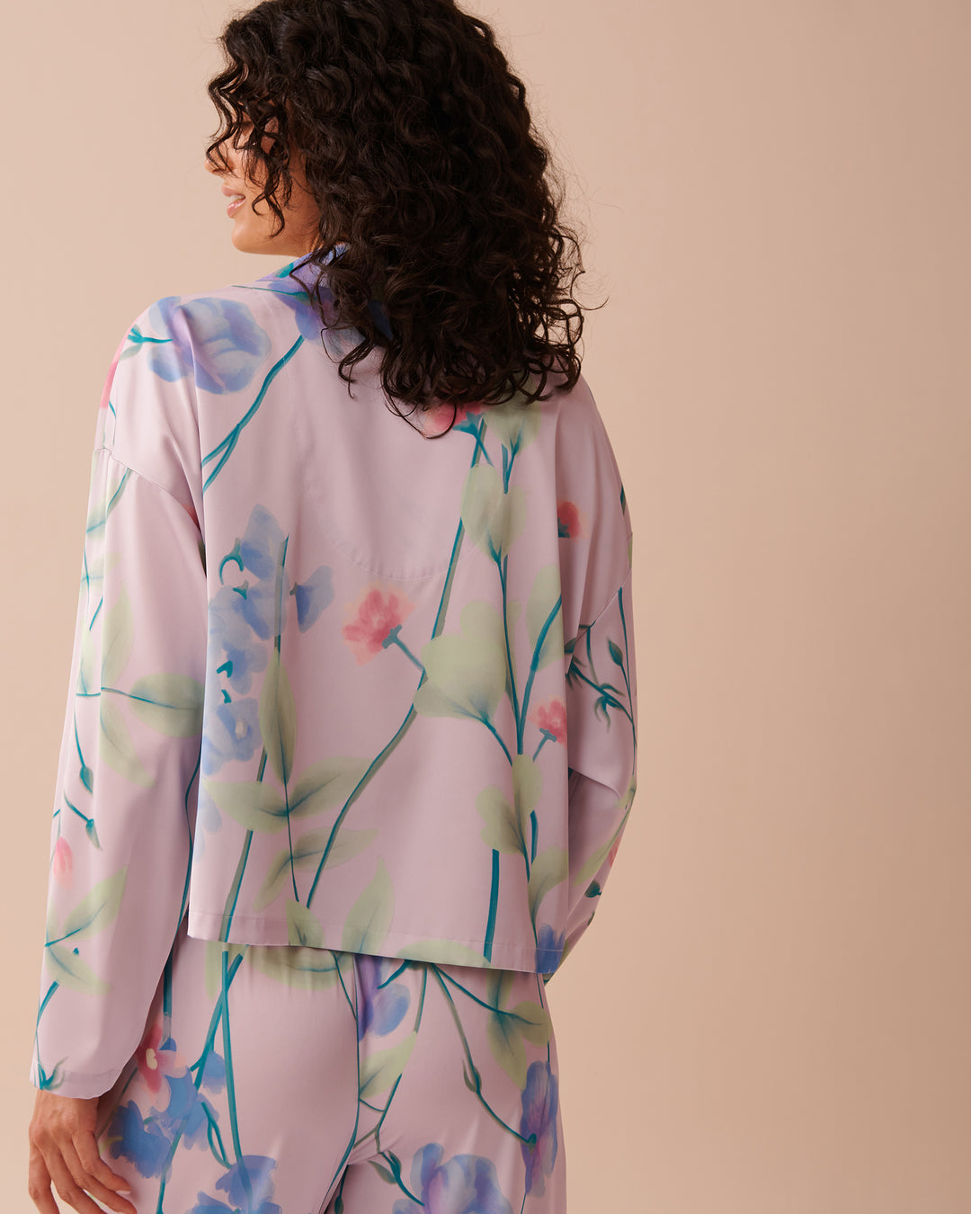 Lavender Garden Print Satin Button-down Shirt - Lavender Fog Flowers