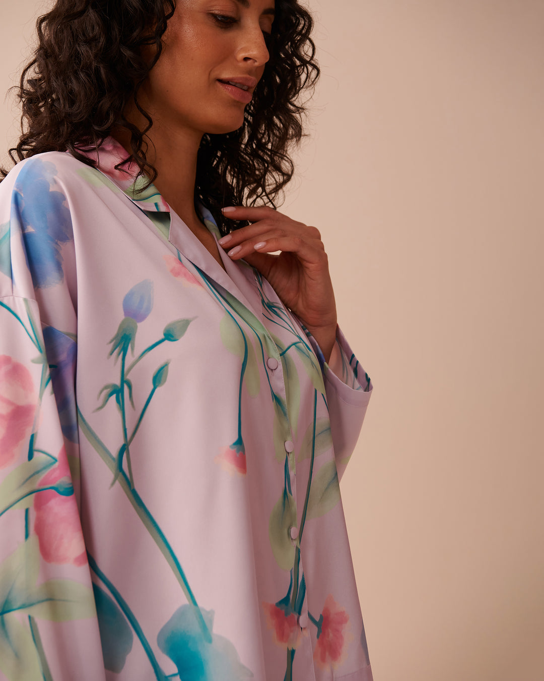 Lavender Garden Print Satin Button-down Shirt - Lavender Fog Flowers