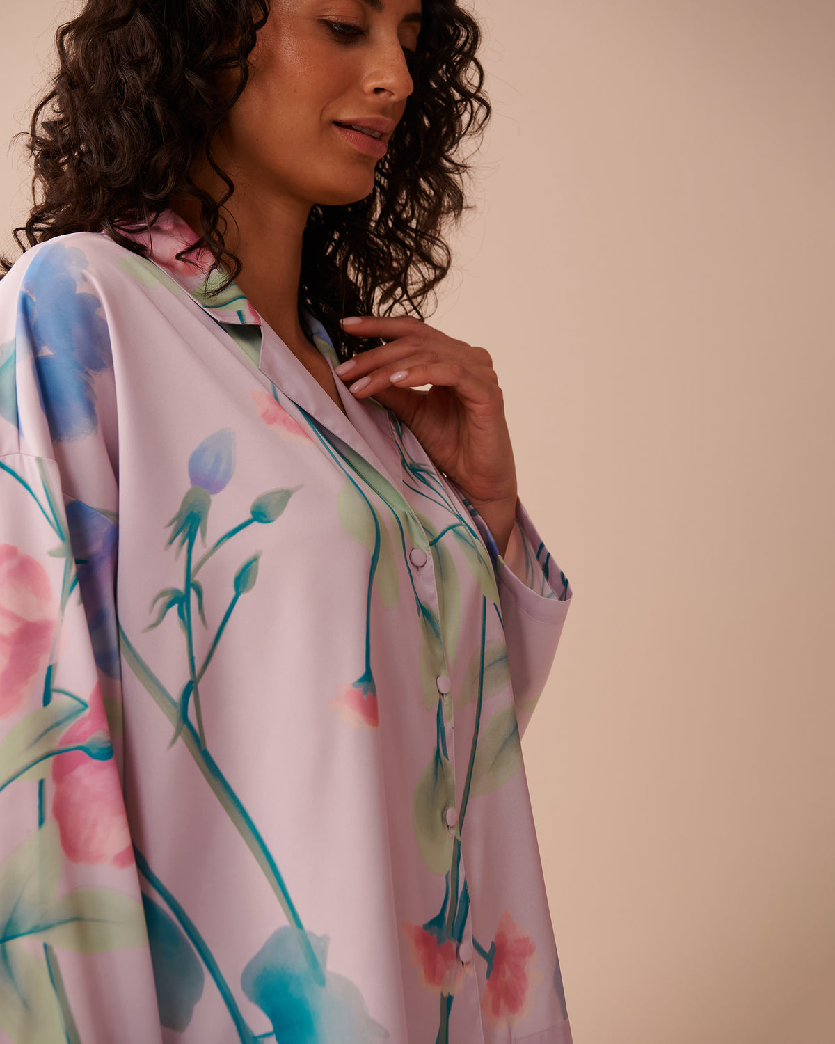 Lavender Garden Print Satin Button-down Shirt - Lavender Fog Flowers