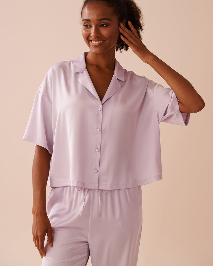 Satin Short Sleeve Button-down Shirt - Lavender Fog