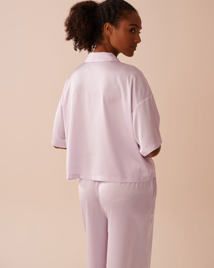 Satin Short Sleeve Button-down Shirt - Lavender Fog