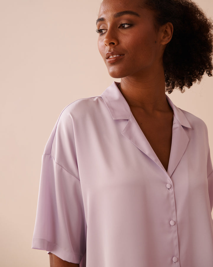 Satin Short Sleeve Button-down Shirt - Lavender Fog