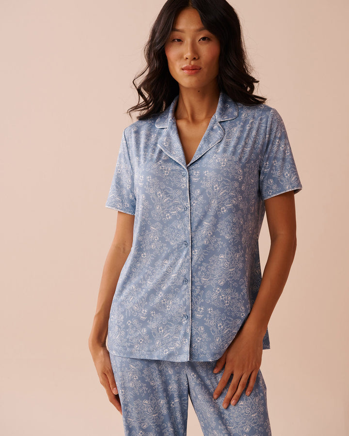 White Floral Print Recycled Fibers Button-down Shi - Denim Abstrac