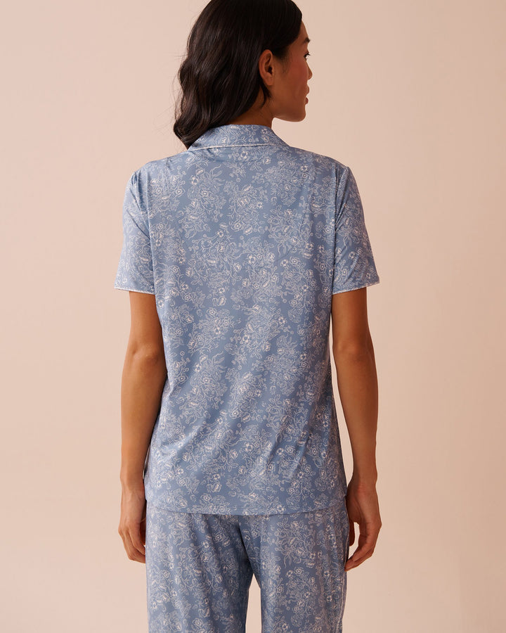 White Floral Print Recycled Fibers Button-down Shi - Denim Abstrac