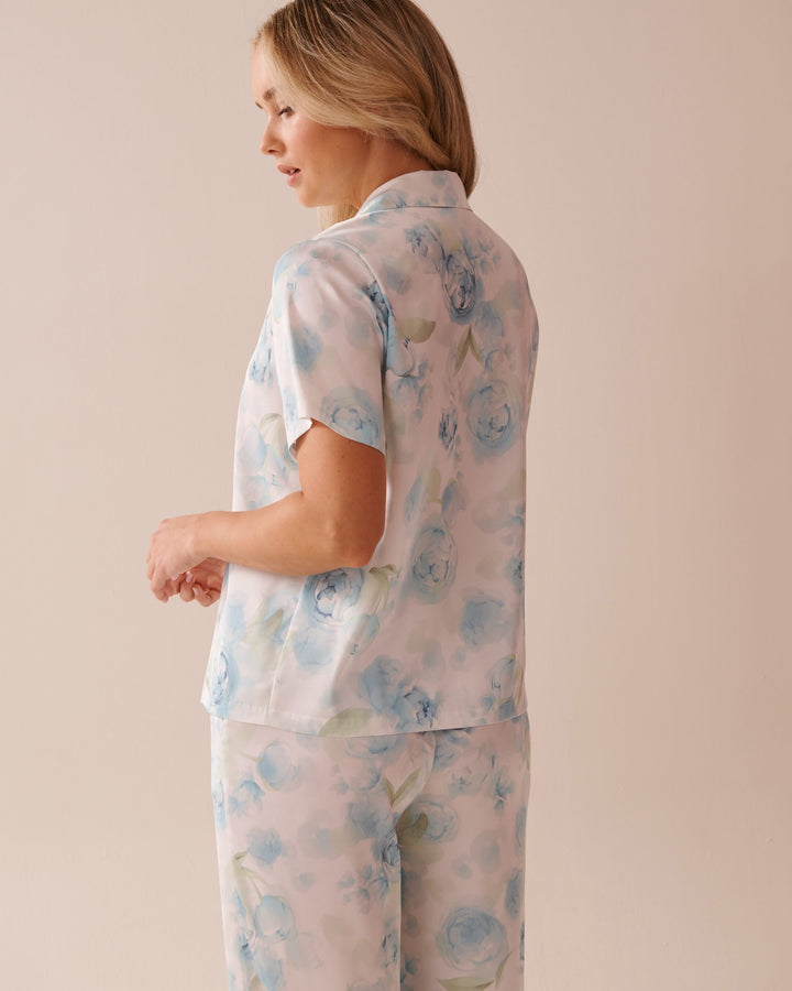Blue Rose Print Satin Button-down Shirt - Multi Blue Roses