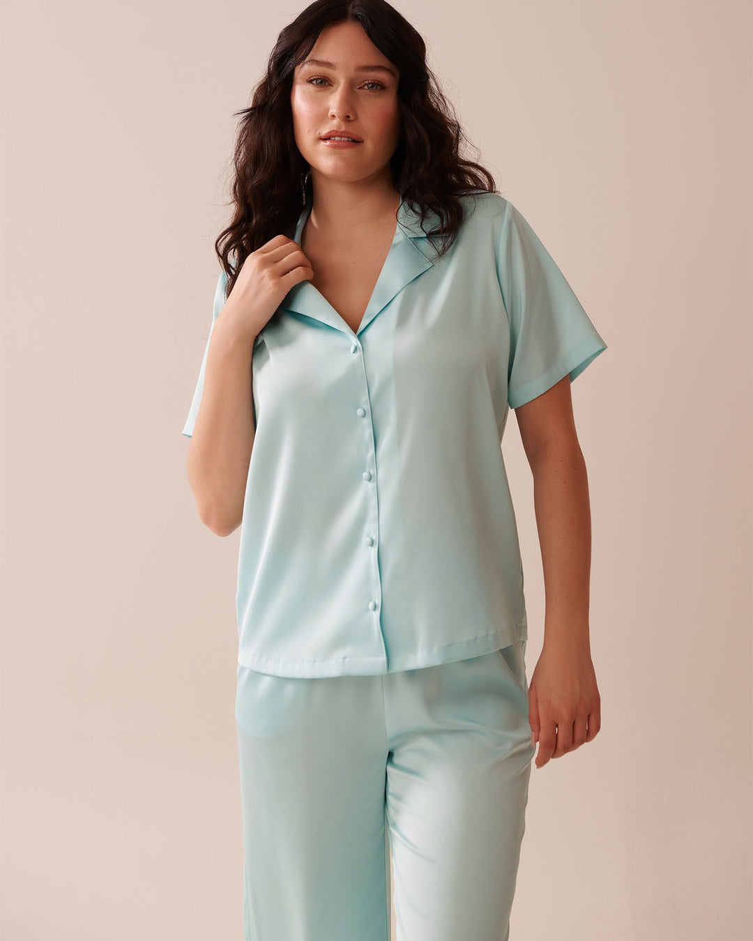 Satin Short Sleeve Button-down Shirt - Clearwater