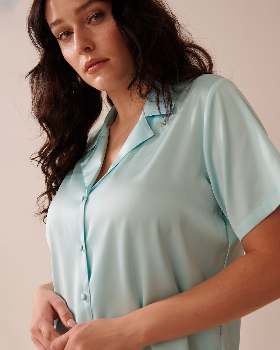 Satin Short Sleeve Button-down Shirt - Clearwater