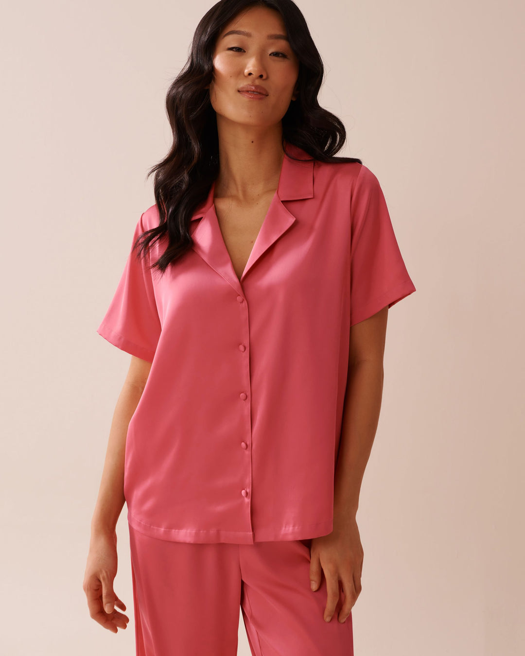 Satin Short Sleeve Button-down Shirt - Rapture Rose